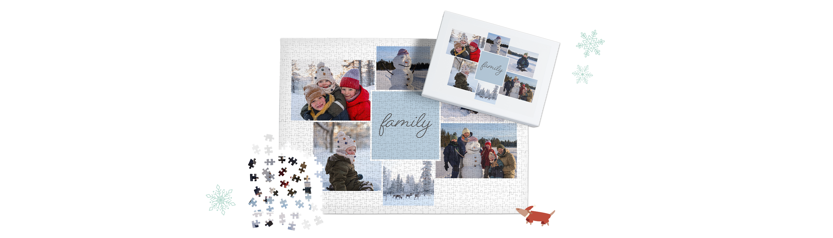 Foto-Puzzle und Schachtel mit winterlichen Familienfotos und einige lose Puzzleteile.