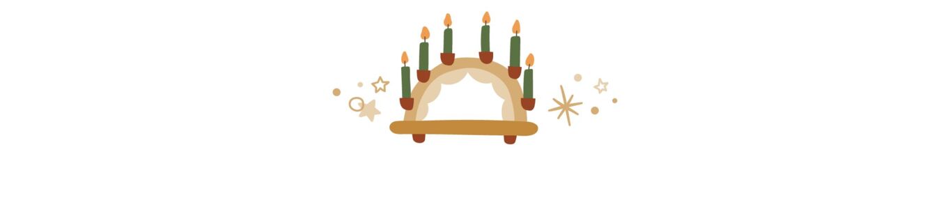  Illustration eines Holzbogens mit sechs brennenden Kerzen, umgeben von goldenen Sternen. 